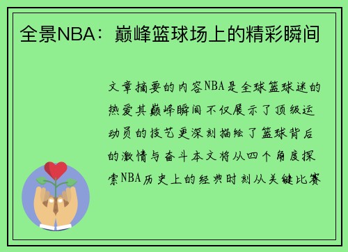 全景NBA：巅峰篮球场上的精彩瞬间